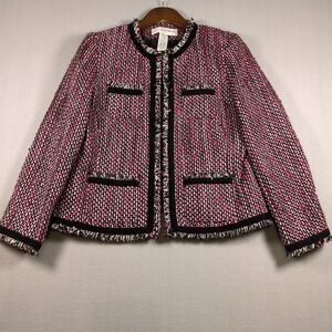 Sag Harbor Womens SZ 8 PETITE Pink White Black Tweed Blazer Fringe Hook &‎ Eye